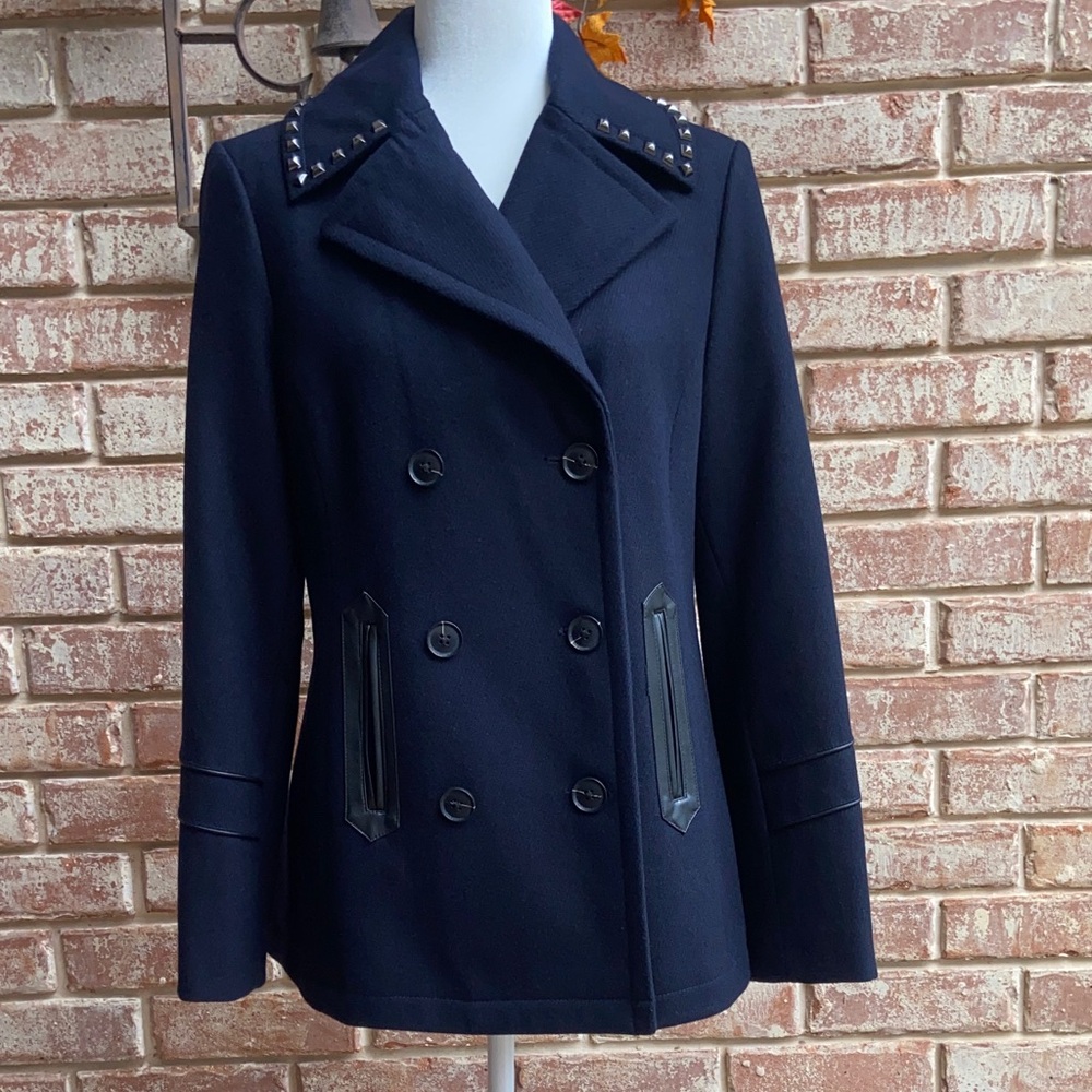 Sale! Studded Navy Women's Coat w/ studded collar,leather accents. Michael Kors. - Picture 4 of 16